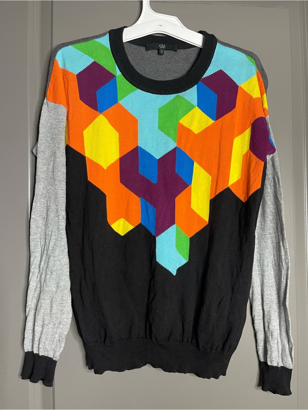 Bold Geometric Multicolor Crewneck Sweater - Grey Sleeves
